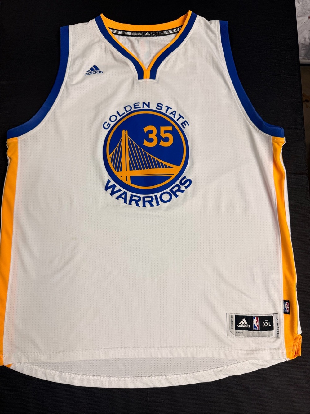 adidas White, Blue & Yellow Golden State Warriors #35 Jersey